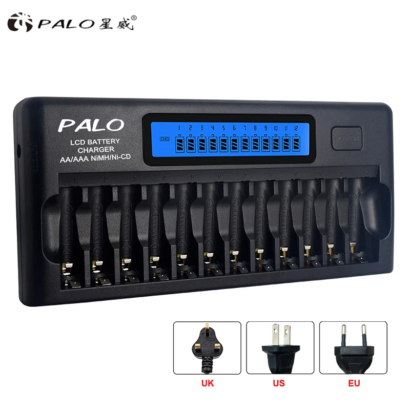

PALO High Quality 12 Slot AA AAA Battery Charger For 1.2V NIMH NICD AA AAA rechargeable battery Smart LCD Quick Charger for KTV