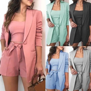 

Cotton Linen Summer Suit Female 3 Pieces Set Tracksuit For Women Loose Blazer & Bow Elastic Waist Short Pant Suits High Quality