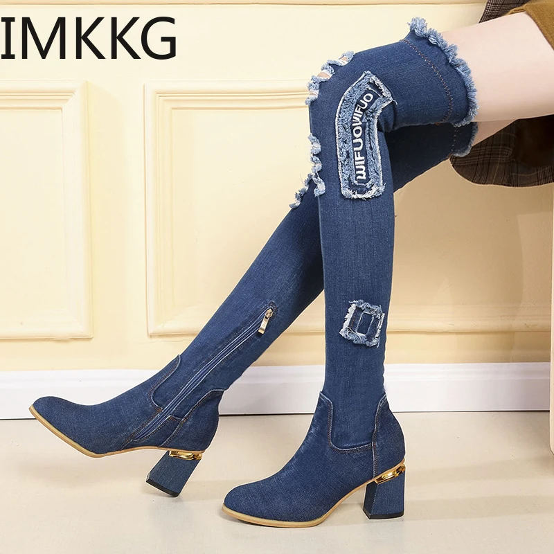 Женские джинсовые сапоги выше колена женские свадебные на высоком каблуке с