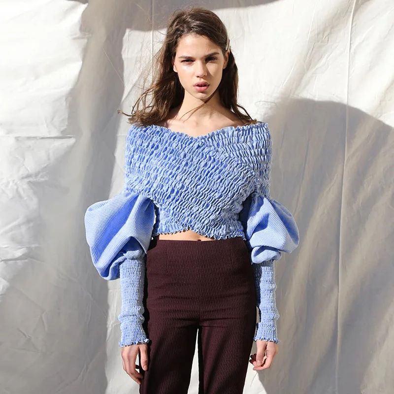 

Women lantern sleeve Blouse off Shoulder elastic ruffles Slash Neck Tops Crop top femal Shirt Sexy Ladies Tops Autumn elegance