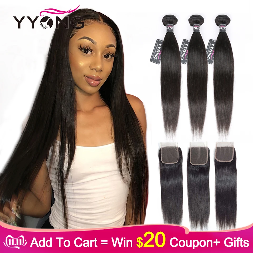 Günstige Yyong Peruanische Gerade Haar 3 Bundles Remy Menschenhaar Extensions Mit 4*4 Spitze Verschluss Doppel Schuss Weben Bundles mit Verschluss