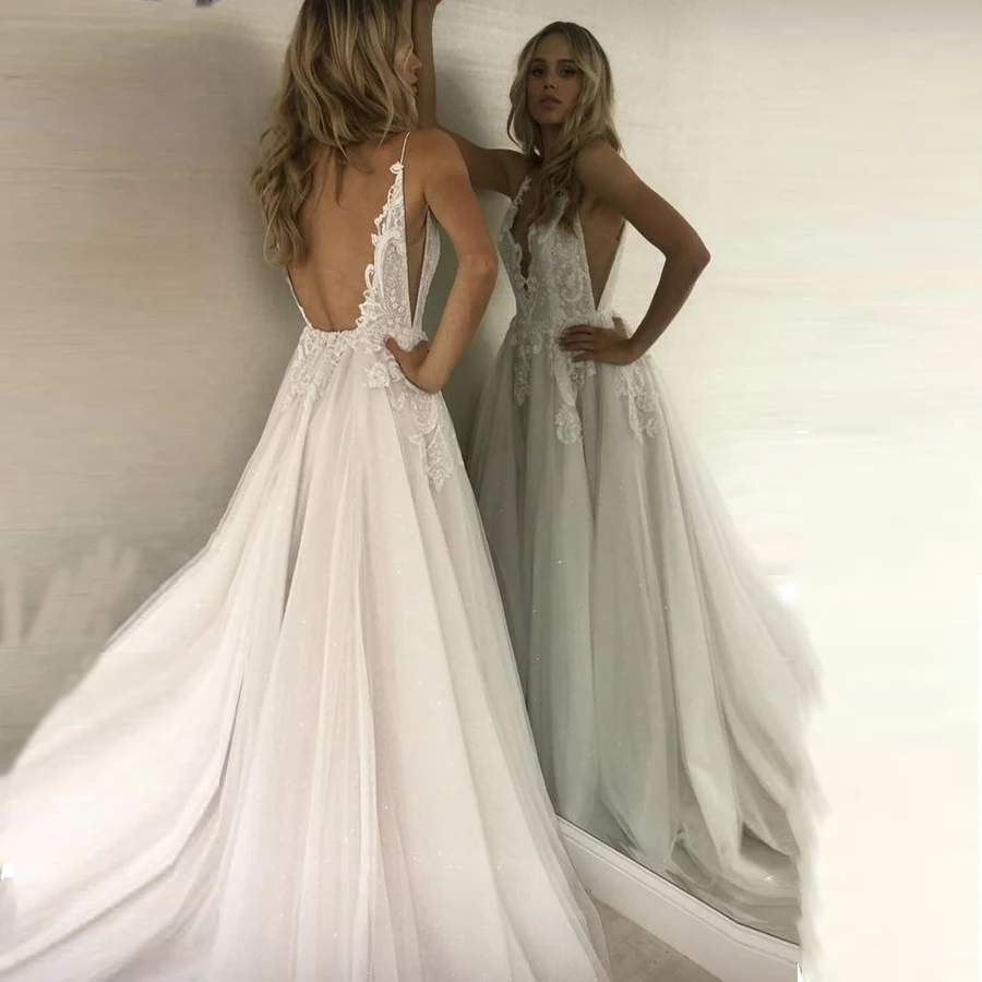 

Deep V-neck Applique Bling Tulle Beading A-line Wedding Dress with Backless Sweep Train Bridal Dress vestido de noiva
