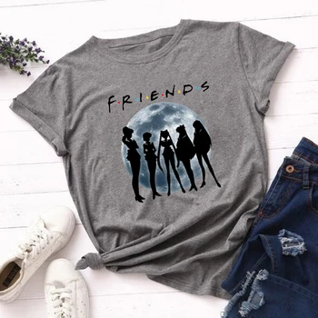 

2020 Women Tops Friends Letter Female T-Shirt Tee Harajuku Vintage Streetwear Sailor Moon 90s Summer Grey Tshirt Plus Size Femme