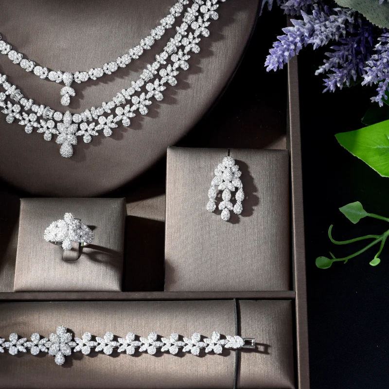 HIBRIDE Nigeria 4pcs Bridal Zirconia Jewelry Sets Luxury Dubai Nigeria CZ Crystal Wedding Jewelry Sets for Women Party N-1210 - Image 3