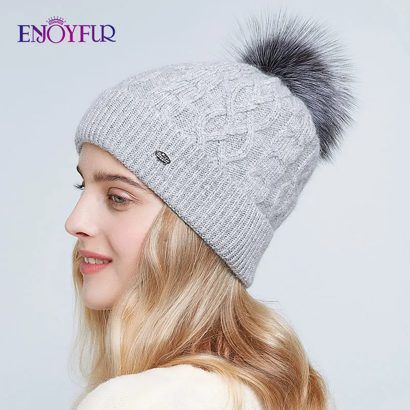 ENJOYFUR Winter Hats for Women Real Fur Pom Pom Warm Knitted