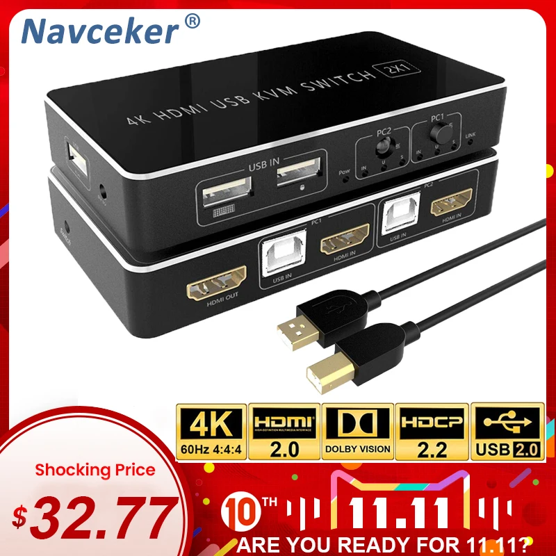 

Navceker HDMI KVM Switch 2 Port 4K USB Switch KVM HDMI Switcher Splitter Box for Sharing Printer Keyboard Mouse KVM Switch HDMI