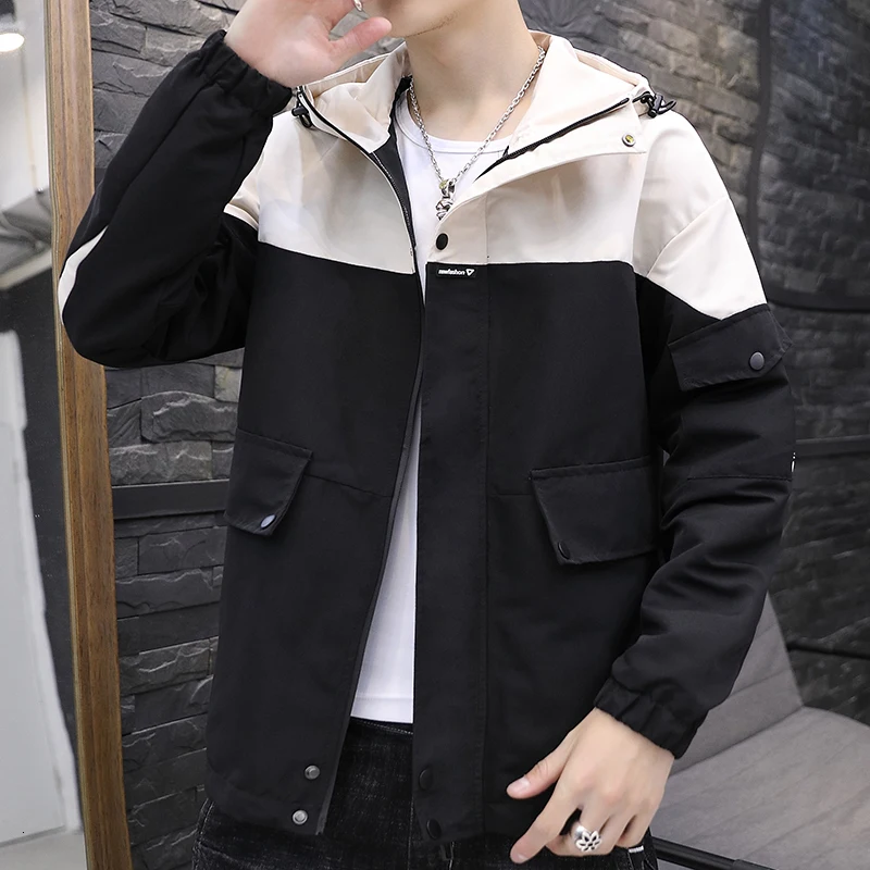 

Autumn Men's Jacket New Casual Loose Trend Stitching Contrast Color Zipper Student Hooded Male Clothes Hip Hop
