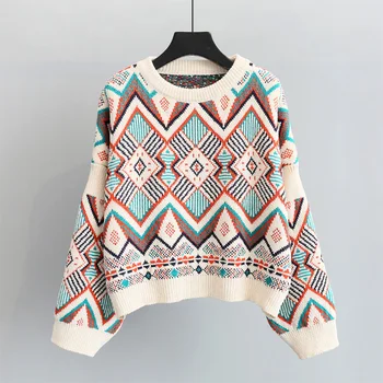

SONDR 2020 Female Pullover Sweater Short Round Collar Colorful Geometric Full Sleeve Over Size Autumn Women's Clothing