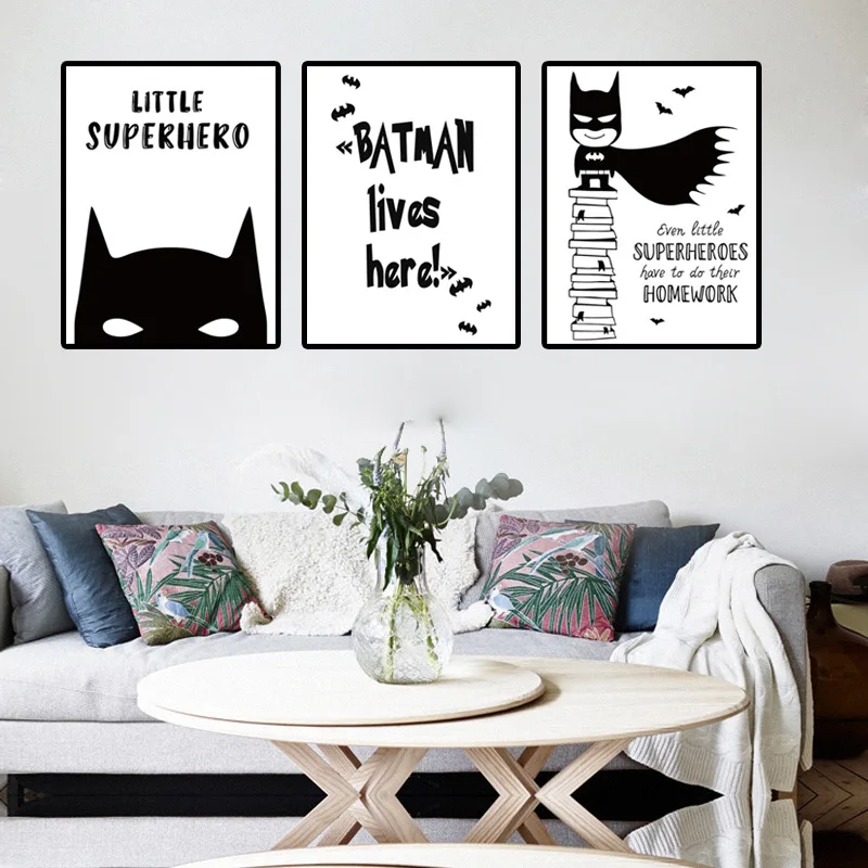 Black and White Superhero Batman Canvas Painting Funny Wall Art Poster For Living Room Kids Children Room Decoration