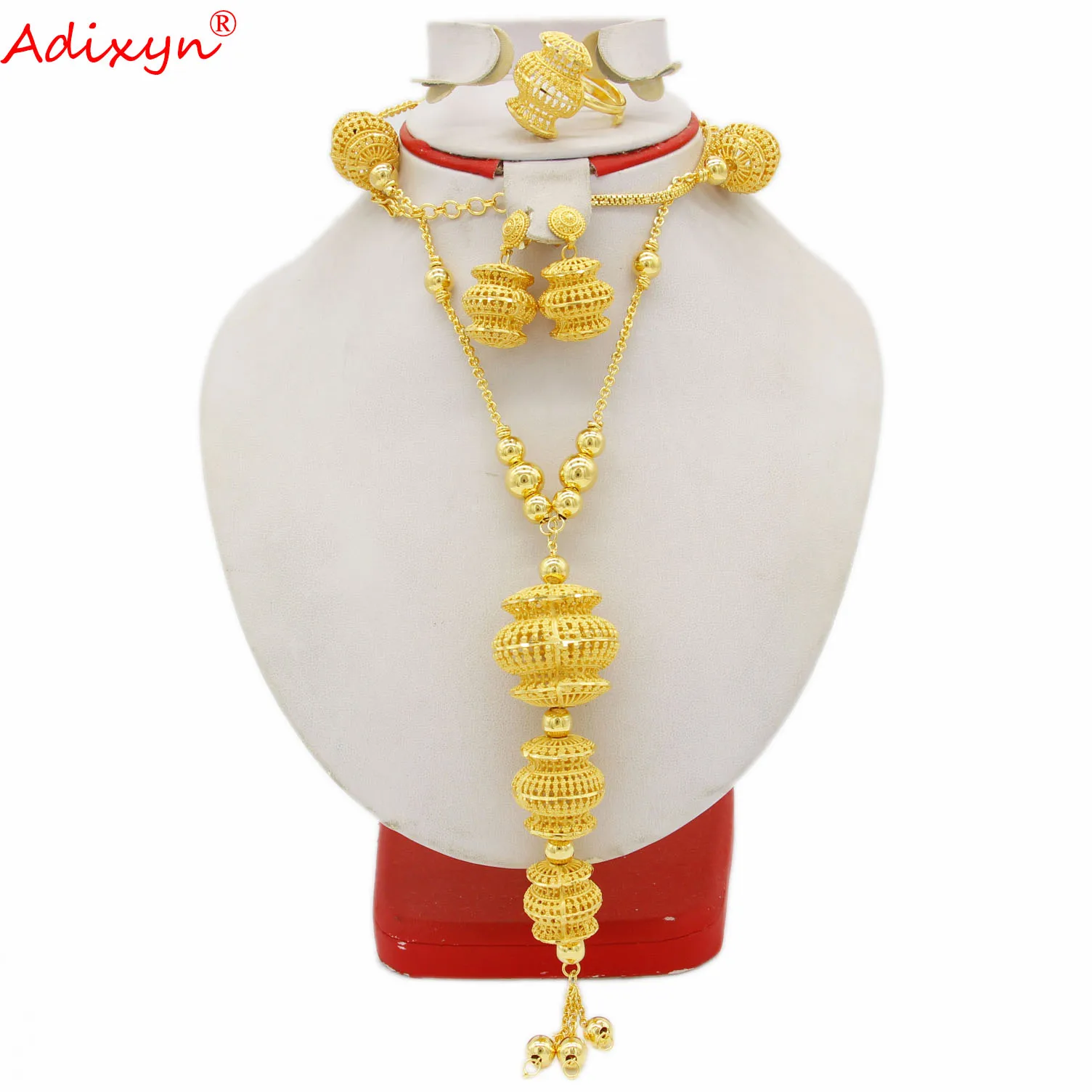 Adixyn Dubai 24k Gold Color Jewelry Sets For Women Inidan Necklace Earrings Ring Set Bridal