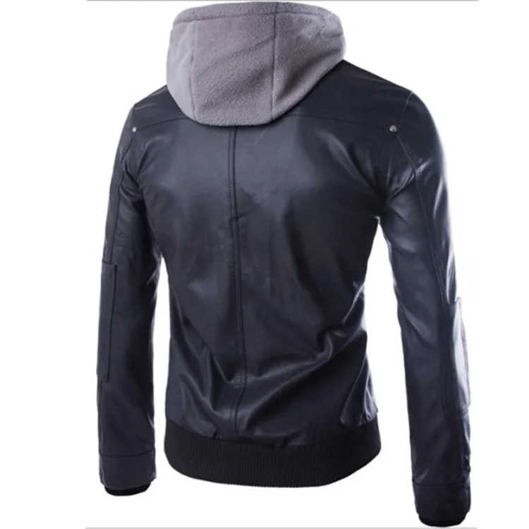 

2017 Western Style Men Slim Fit Hooded Leather Coat Mock Two-Piece Men Maneuvering Leather Coat Men Leather Jacket