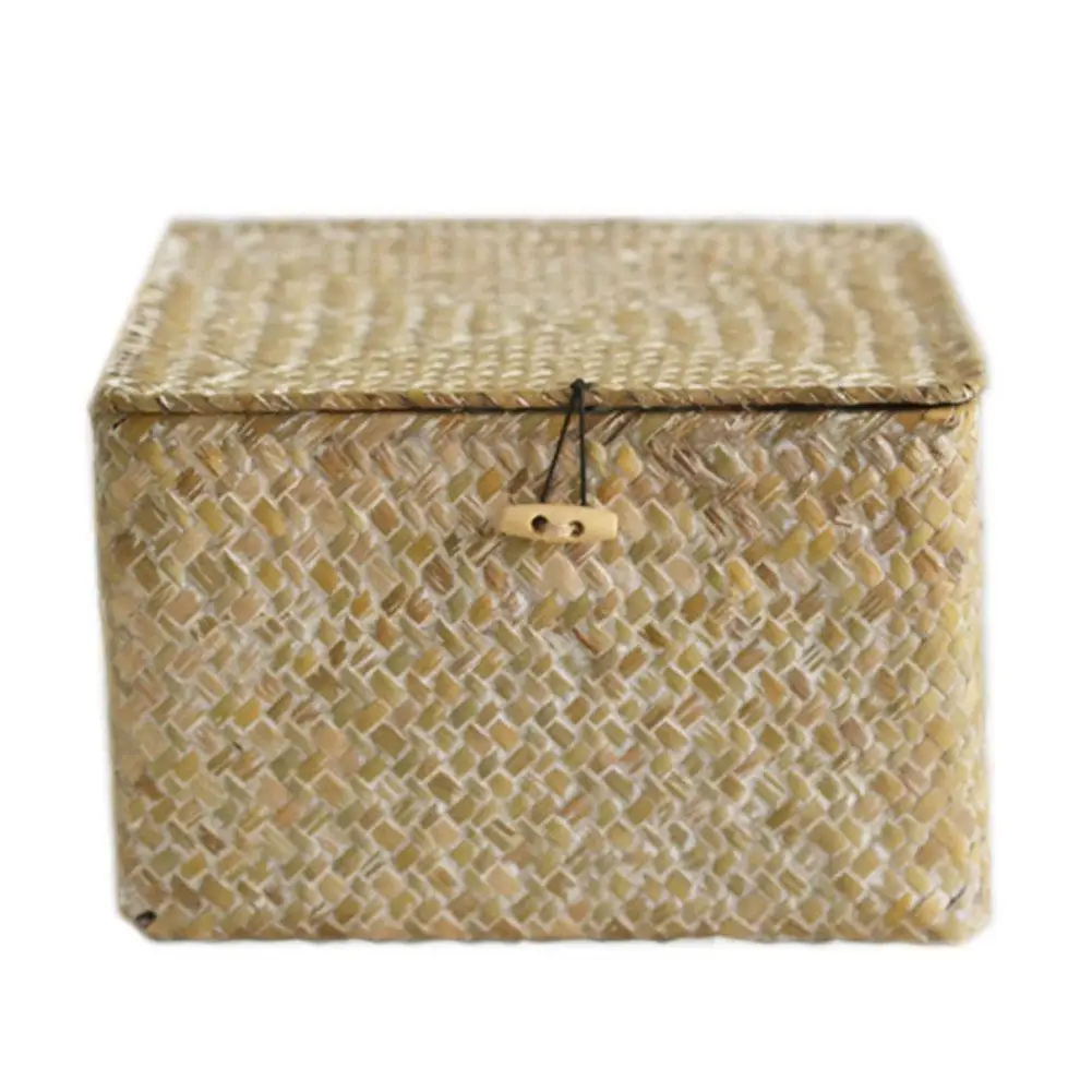 2Pcs Handmade Seaweed Woven Storage Box Dirty Clothes Flower Rattan Finishing Cosmetics Books Sundry Storage Basket with Lid