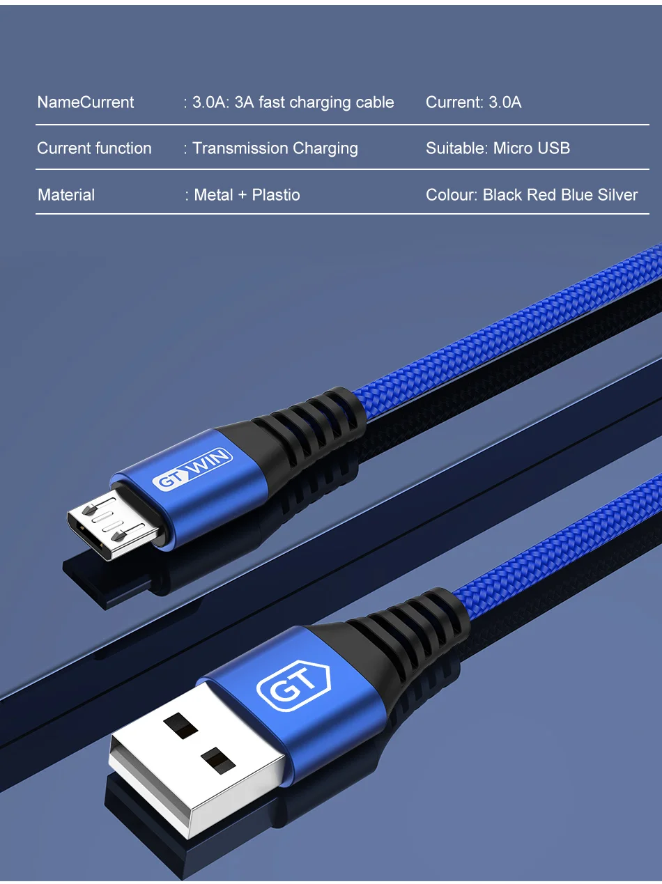 GTWIN Micro USB кабель 3A Быстрая зарядка для samsung S7 J5 J7 1M 2M Microusb кабель для передачи данных для Xiaomi Redmi Note 5 A кабели