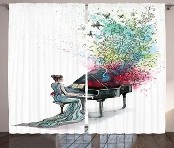 

Music Window Curtains Grand Piano Music Musician with Butterflies Ornamental Pianist Swirls Vintage Style Living Room Bedroom