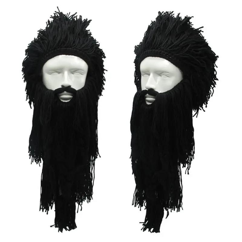 Billige Männer Frauen Barbar Viking Handgemachte Stricken Perücke Hut mit Abnehmbaren Langen Gefälschte Bart Lustige Verrückte Halloween Cosplay Warm Beanie Cap