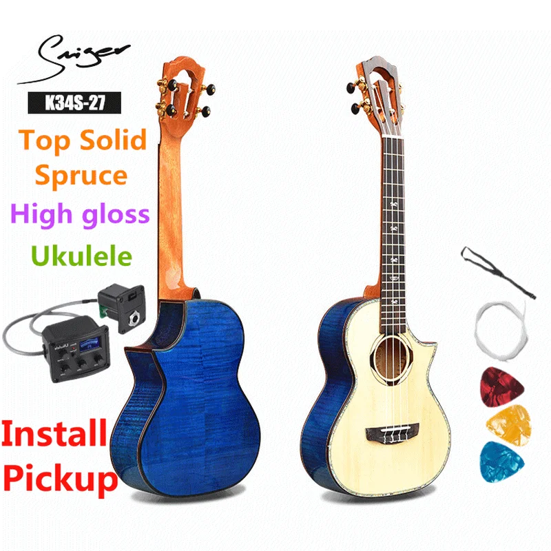 Ukulele 27 Inch Solid Spruce Mini Electric Concert Acoustic Guitar 4 Strings Ukelele Guitarra Install Pickup Cutaway High-gloss