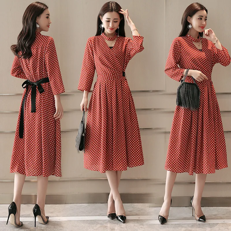 

2019 Spring Clothing New Style WOMEN'S Dress Korean-style Elegant Slimming Fashion Long-sleeved Dress Mid-length Skirt High-wais