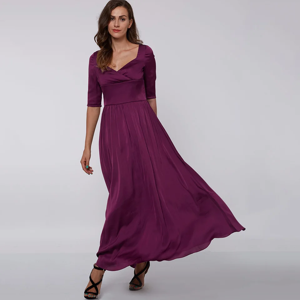 

Dressv purple long evening dress cheap square neck draped half sleeves wedding party formal dress a line evening dresses