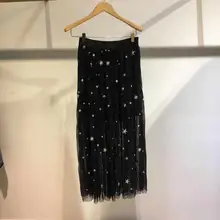 Женская сетчатая плиссированная длинная юбка со звездами и вышивкой, Милая Черная юбка на осень и зиму