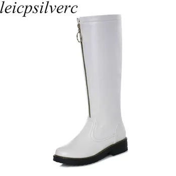 

Women Boots Autumn Winter Med Heel Warm Round Toe Pu Zip Knee High Motorcycle Casual Boots 2019 New Sexy Fashion White Black