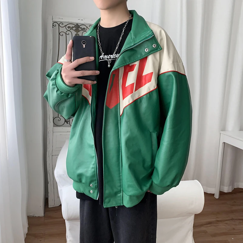 60% OFF Leather Jacket Men's Fashion Print Contrast Casual Loose Motorcycle Jacket Mens Streetwear Wild Loose Hip Hop Bomber Jacket Men