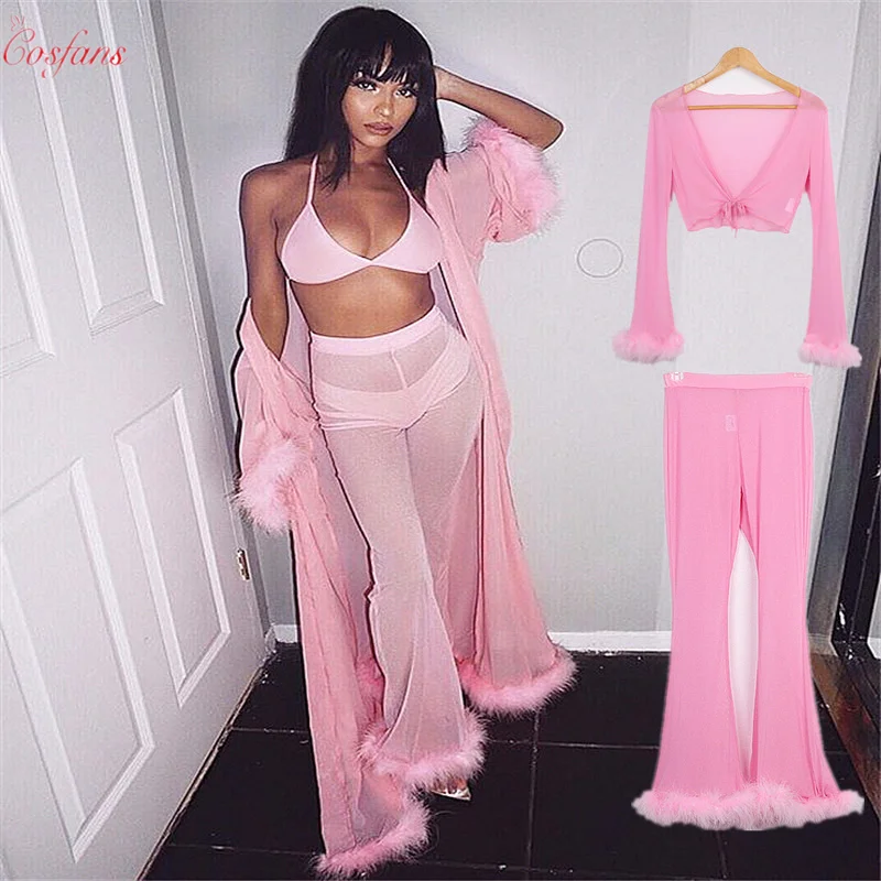 Pink Mesh Tracksuit Women Cute Faxu Fur 