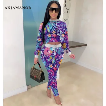 

ANJAMANOR Fall 2020 Fashion Print Two Piece Set Sweatpants and Hoodie Tracksuit 2 Pc Set for Women Matching Sets D48-DB44