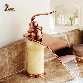 

ZGRK Rose Golden Waterfall Bathroom Sink Faucet Luxury Jade Mixer Faucets Retro Basin Taps Torneira