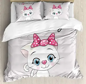 

Kitten Duvet Cover Set Cartoon Domestic White Cat Pink Cheeks Fluffy I Love My Pet Themed Print Decorative 3 Piece Bedding Set