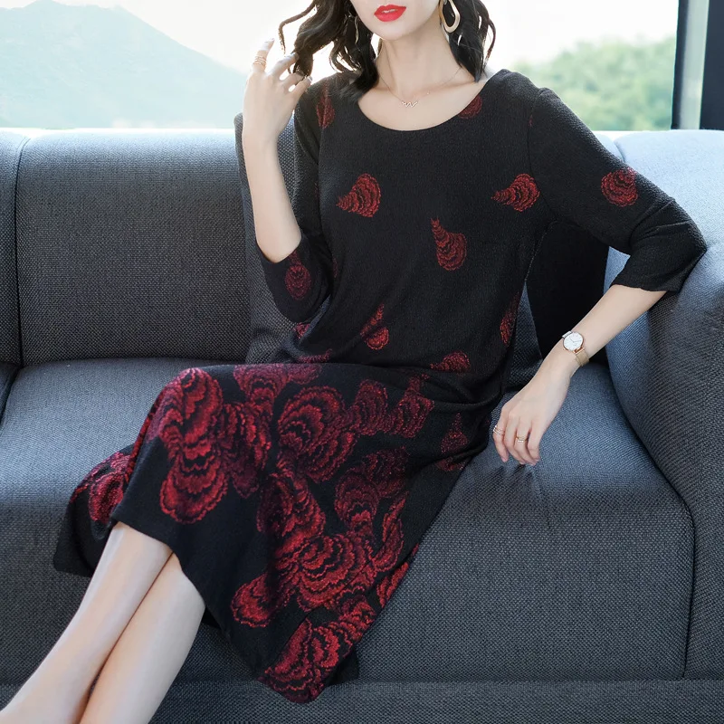 

2018 Autumn New Style WOMEN'S Dress Loose-Fit Slimming Chinese-style Elegant Mid-length Crew Neck Three-quarter-length Sleeve Fl