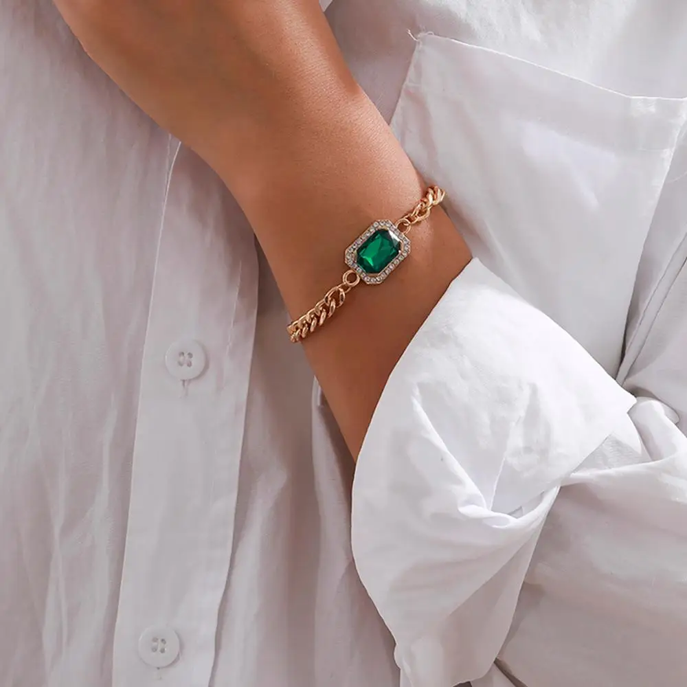 

Lacteo Vintage Square Green Rhinestones Bangle Braclet for Women Neo Gothic Crystal Metal Chain Charm Unusual Charm Bracelet