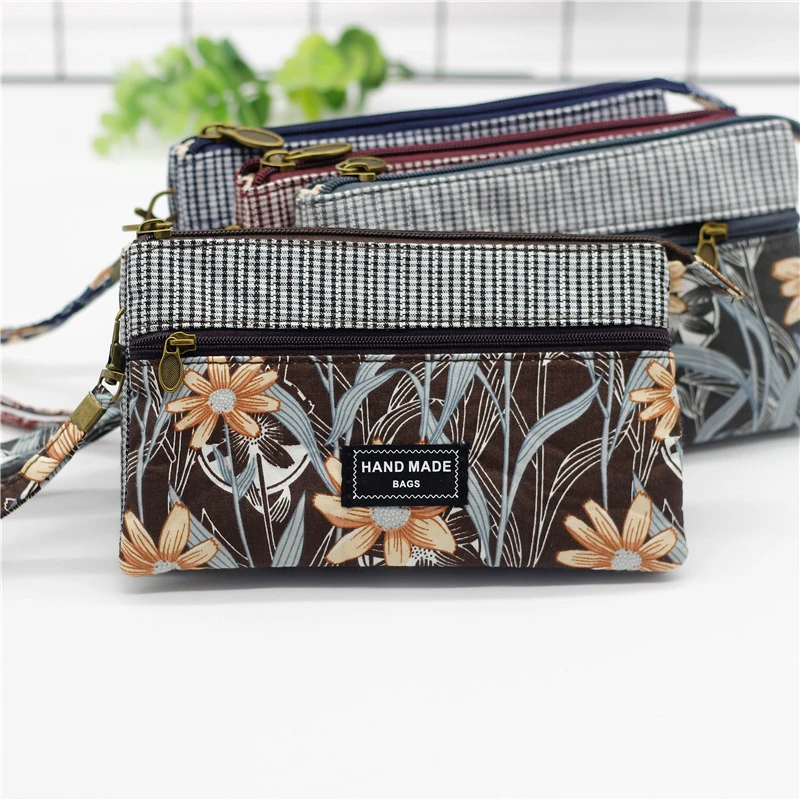 Cartera larga de tela para mujer, bolso de multicapa con flores para teléfono móvil, bolso de mano para novedad|Carteras| - AliExpress