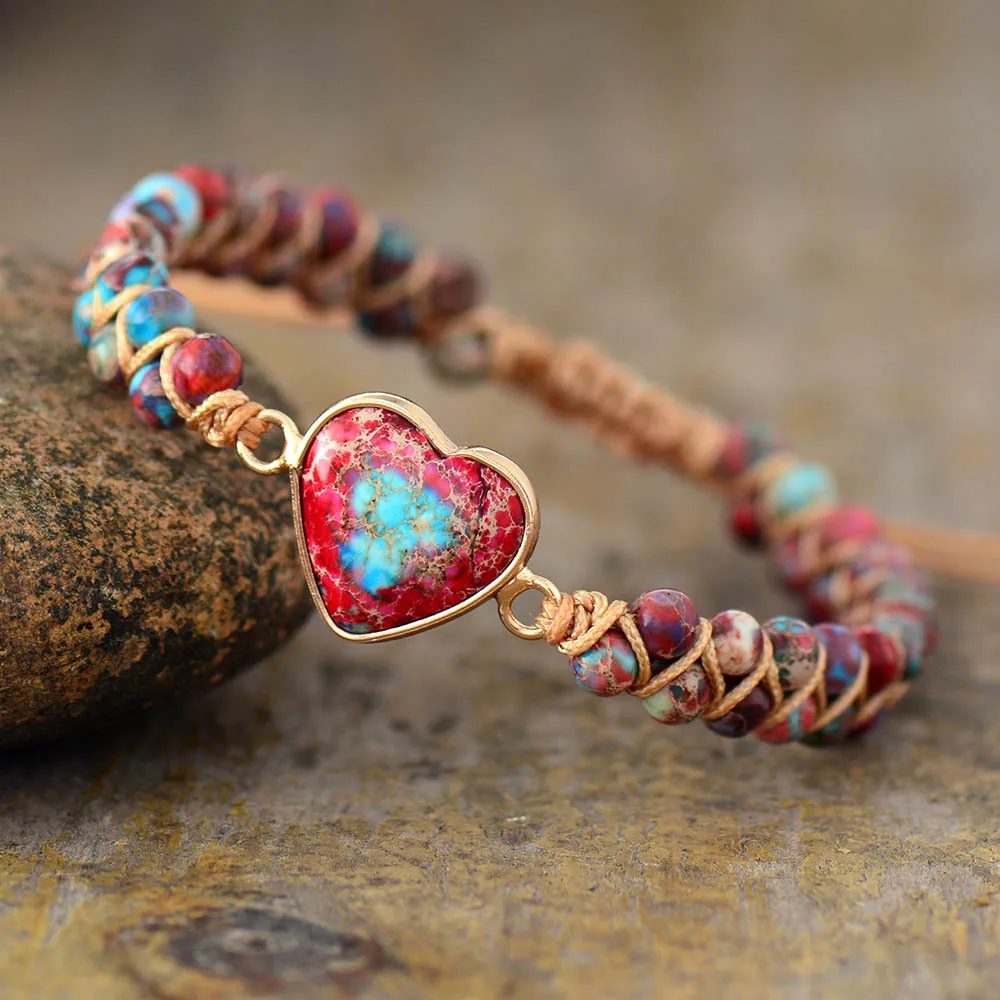 

Natural Stone Heart Charm Bracelets String Braided Macrame Bracelets Jaspers Friendship Wrap Bracelet Femme Women Jewelry
