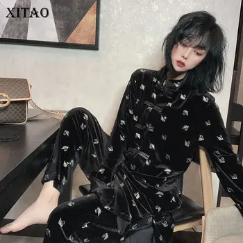 

XITAO Tide Print 2 Pieces Set Women Plus Size Personality Top Women Clothes 2020 Spring New Elastic Waist Black Pants DMY3041