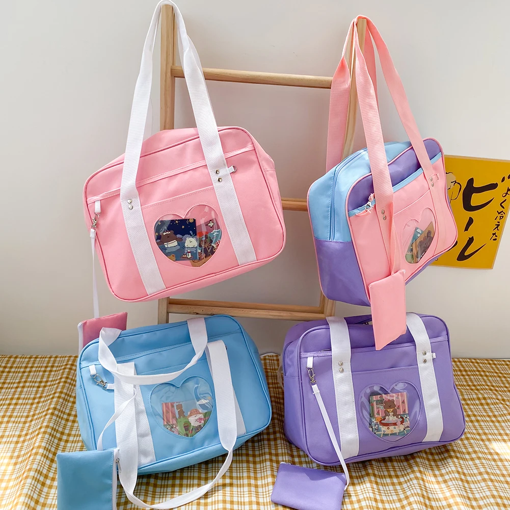Pink Fashion Women Clear Patchwork Shoulder Bag Canvas Travel Handbags 