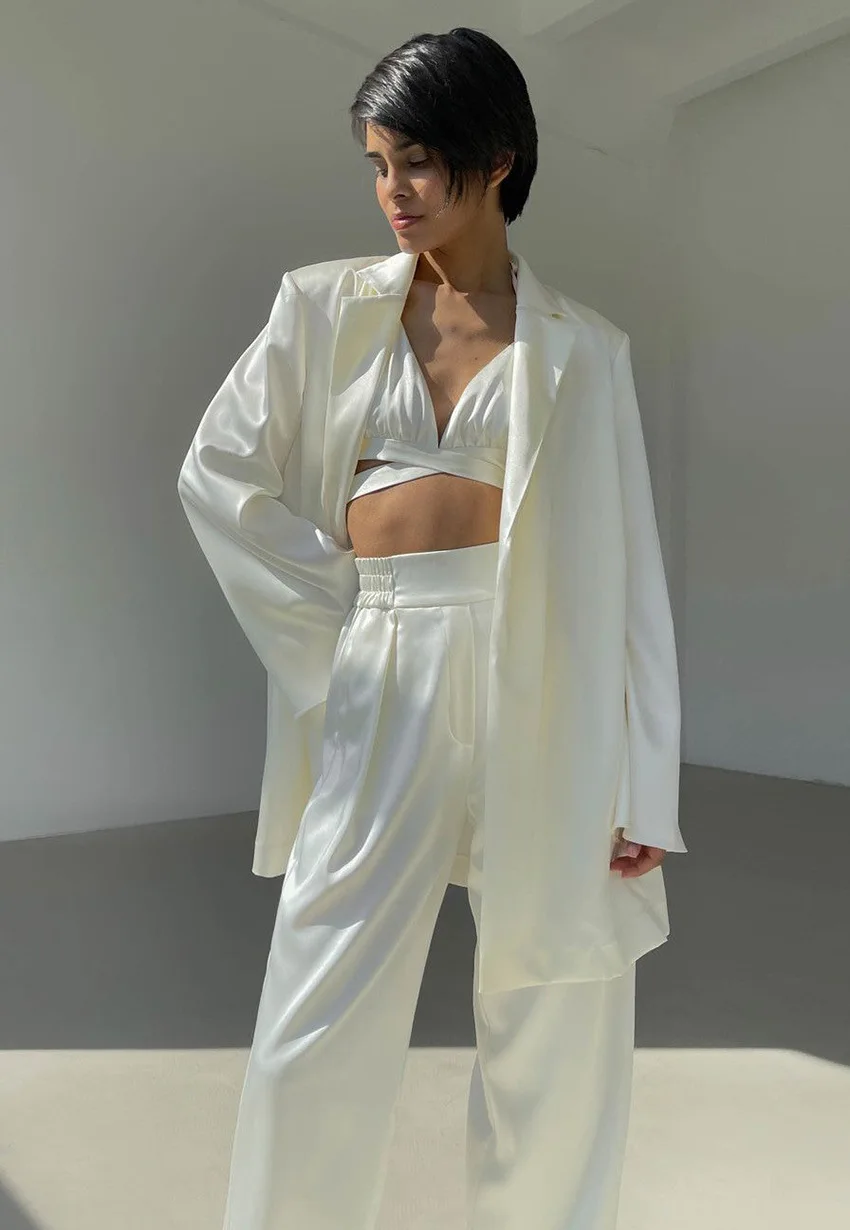 Y2k Sexy Elegant Three Piece Set Women Satin Coat Top With Pants Suit Fashion Chic Casual Autumn Streetwear Female 3 Piece Sets womens white suit set