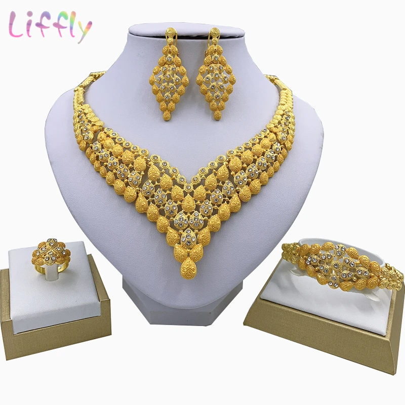jewelry 4 Liffly, классические ювелирные наборы из Дубаи, очаровательное свадебное большое ожерелье, Кристальные серьги, кольцо, браслет, Эфиопский женский свадебный ювелирный набор - Окраска металла: jewelry 4