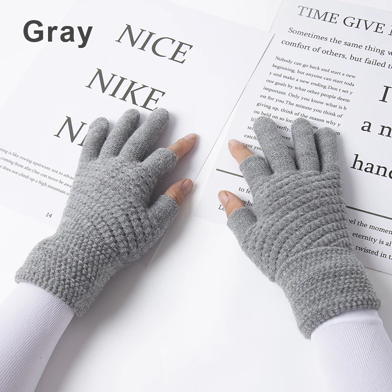 Unisex Knitted Full Finger Gloves Solid Touch Screen Mittens Two Fingers Exposed Thick Winter Warm Cycling Driving Gloves 