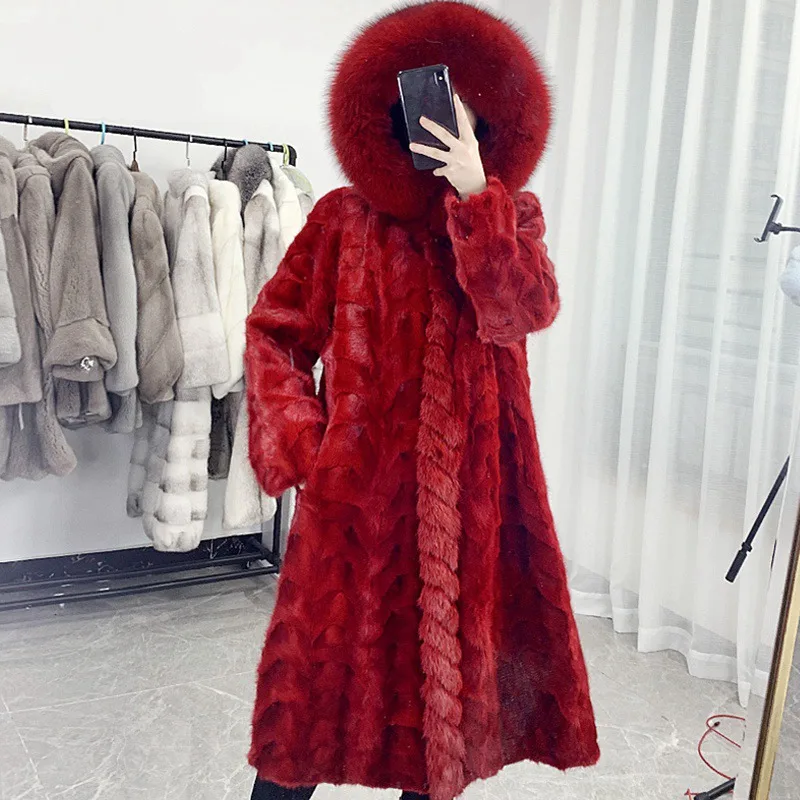 Red Hoody 100 см Натуральная норковая шуба куртка с лисой Мужская куртка с капюшоном зимняя женская меховая х-Длинная Верхняя одежда Пальто Плюс Размер 4XL 5XL LF9119 - Цвет: Red Hoody