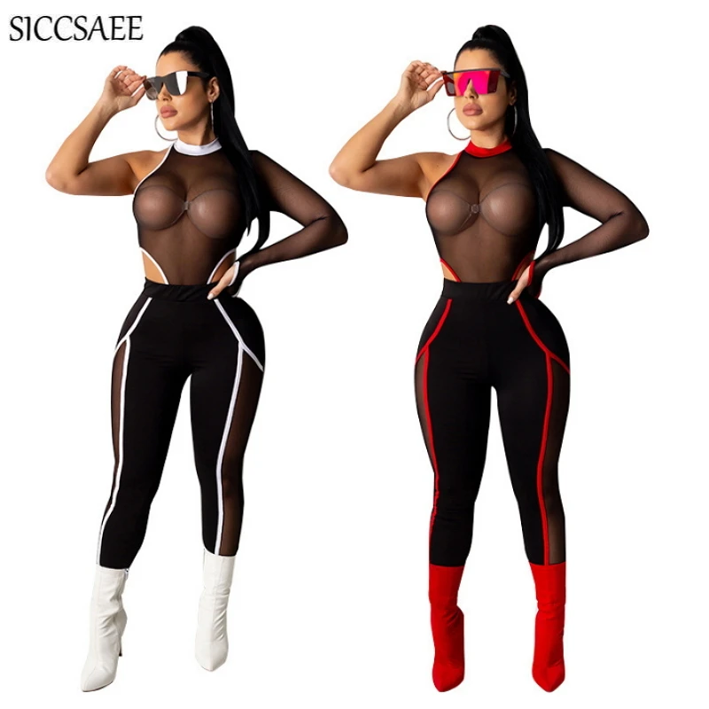 

Turtleneck Back Zip One Shoulder Bodycon Bodysuit Long Pants Two Piece Set Sexy See Through Mesh Leotard Bandage Outfits Elastic