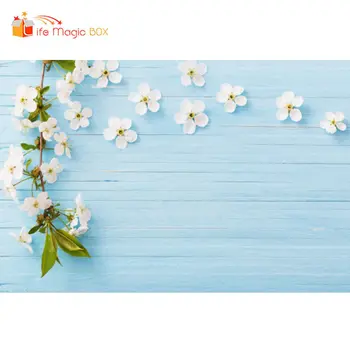 

LIFE MAGIC BOX Background Photography Studio Baby Blue Wood Floral Backdrop White Flower Baby Backdrop