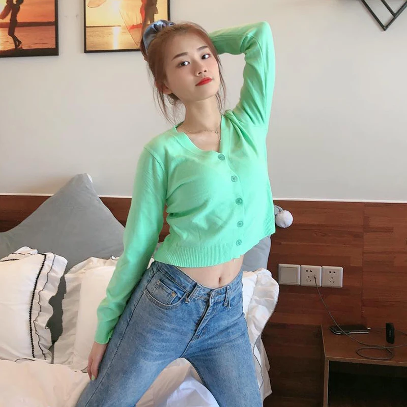 

Pink Female knitted Sweater Woman 2020 Buttons Cardigan clothes autumn Short Top Solid Korean Coat knit Sweater Loose Femme New