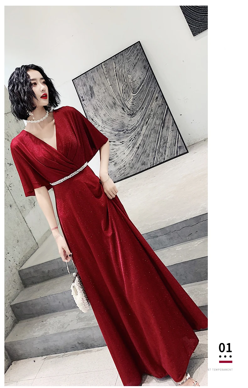 AE0154 wei yin вечернее платье с коротким рукавом с глубоким v-образным вырезом vestido de festa атласное с плиссировкой вечерние платья Robe De Soiree