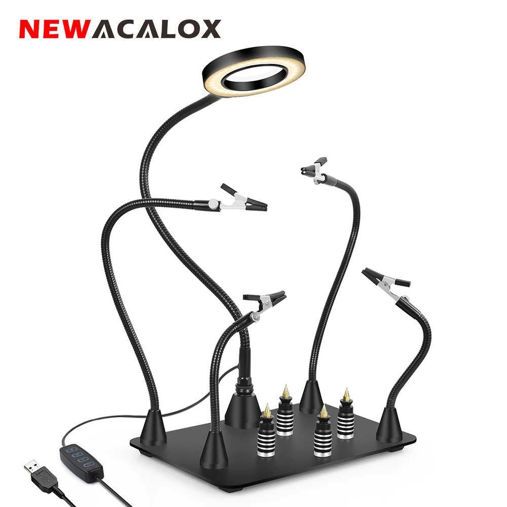 NEWACALOX Third Pana Hand Hot Air Gun Frame PCB Board Holder Heat Gun Stand Helping Hands Soldering Tool 3X LED Magnifying Glass newacalox magnetic helping hands soldering third hand pcb circuit board holder with 5x led magnifying lamp 360 heat gun holder