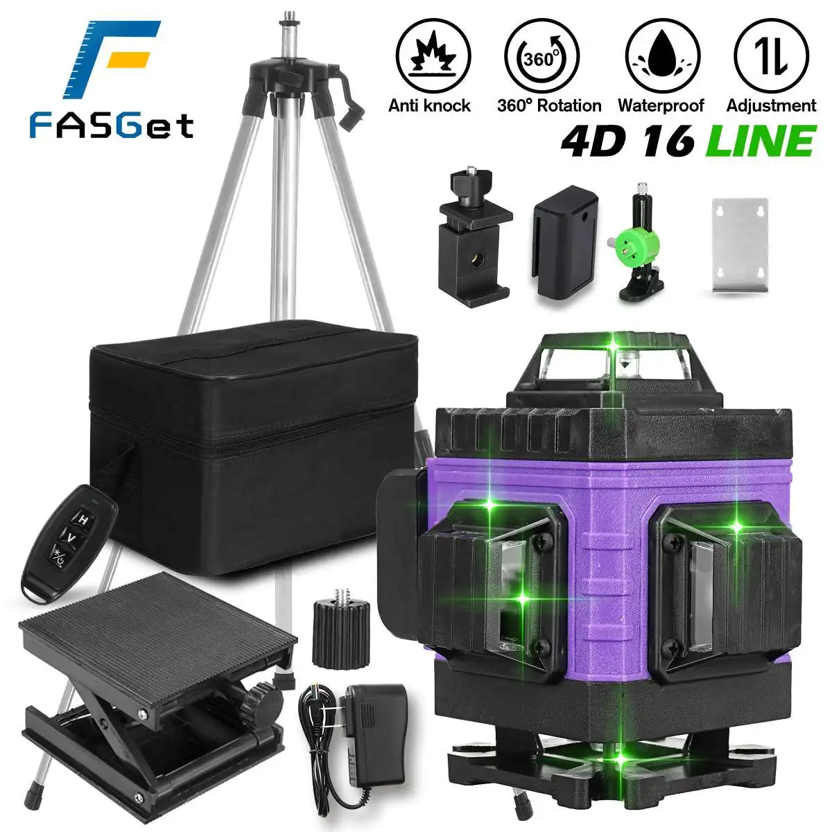 Уровень лазерный FASGet 3/4D самовыравнивающийся 8/12/16 линий 360 градусов зеленый |