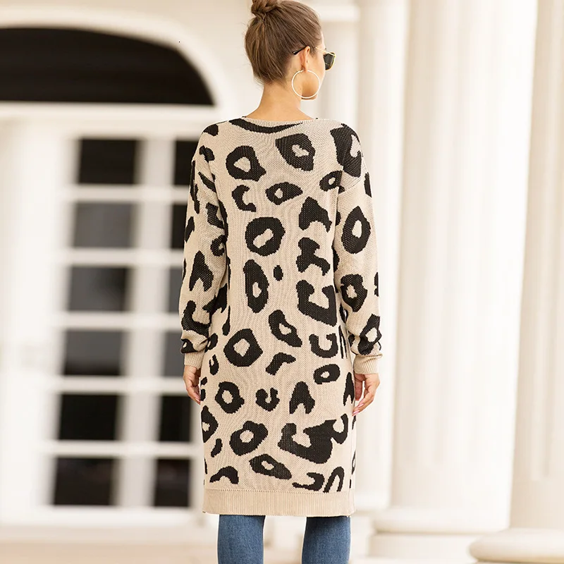 Трикотажная верхняя одежда без подкладки, длинный Камуфляжный кардиган с леопардовым принтом, женский свитер