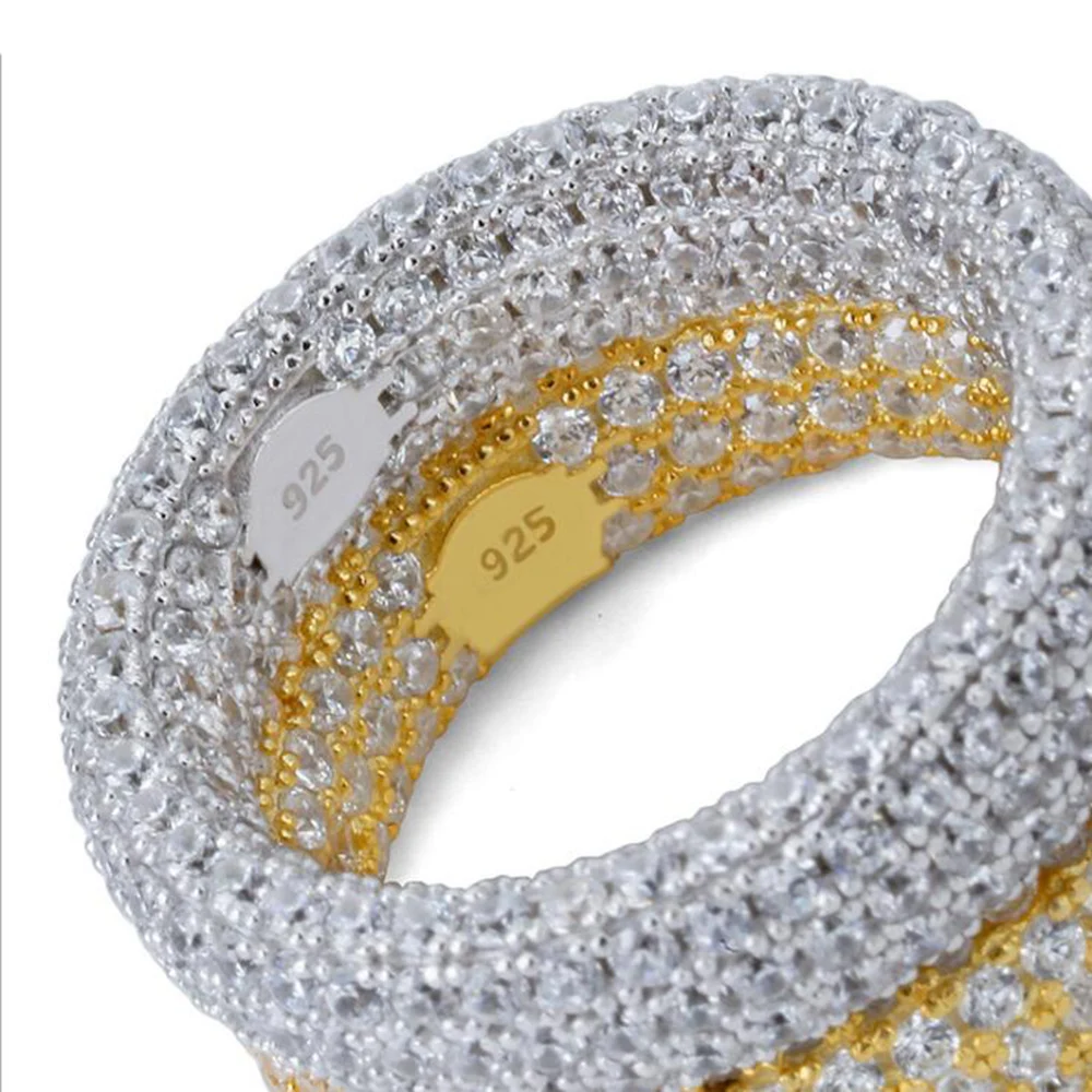 925 стерлингового серебра все Iced Out микро проложить Bling кубический циркон кольцо для женщин мужчин Золотой Серебряный хип хоп CZ свадебные кольца, ювелирные