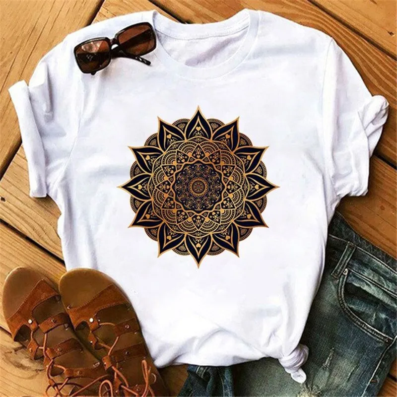 Maycaur New Mandala Floral Printed T Shirt Women Casual Fashion T-shirt Loose Short Sleeve 90s Girls Aesthetics Black Tshirt Top cheap graphic tees Tees