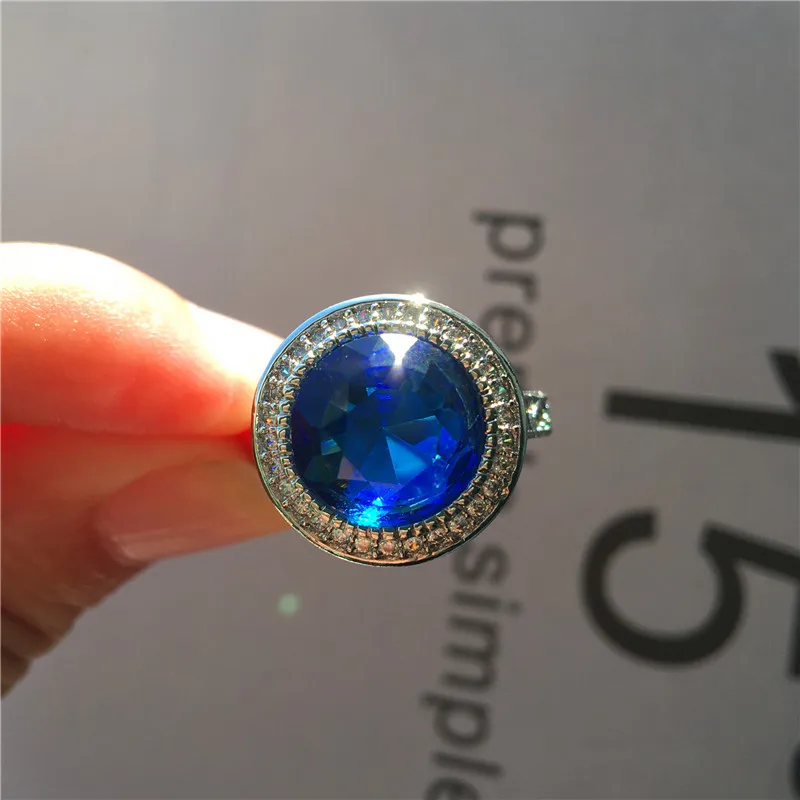 Luxury Female Big Blue Round Ring Vintage Style Silver Color Love Wedding Romantic Promise Engagment Rings For Women | Украшения и