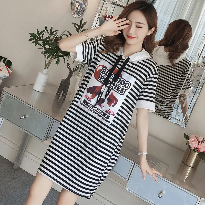 

2018 New Style Dress Mid-length Summer Loose-Fit Maternity Clothes Hooded Flower Stickers Stripes Short-sleeve Dress